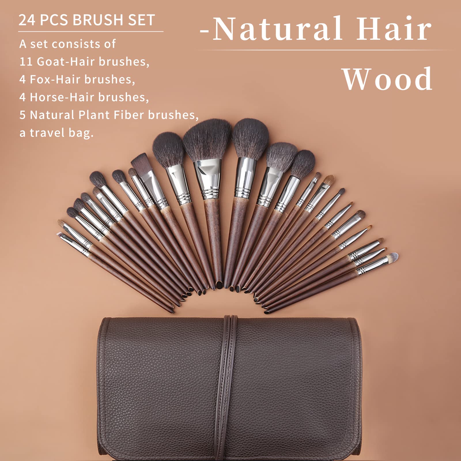 ENZO KEN Deluxe Natural Goat Hair Makeup Brush Set with Case, 24 Cosmetic Brushes Makeup Set, Wooden Natural Makeup Brushes, Natural Bristle Makeup Brush, Natural Hair Makeup Brushes Set Professional.